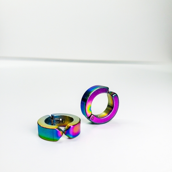 Rainbow Titanium Iridescent Stainless Steel Magnetic Hinged Hoop Clip Earrings - Picture 11 of 16